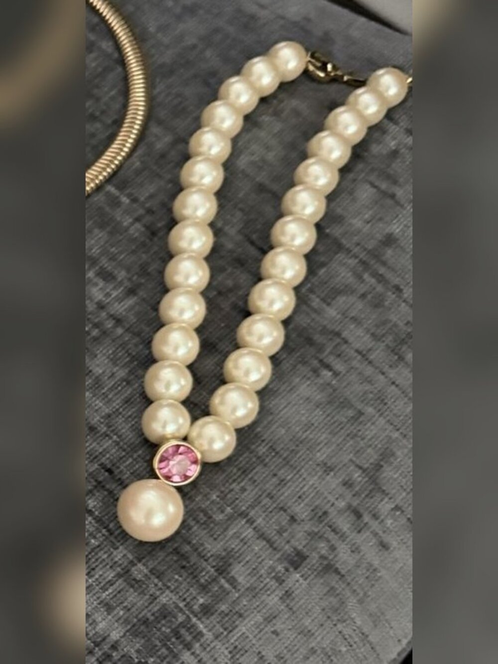 Double Strand Pearl Necklace with Pink Crystal and Pearl Drop